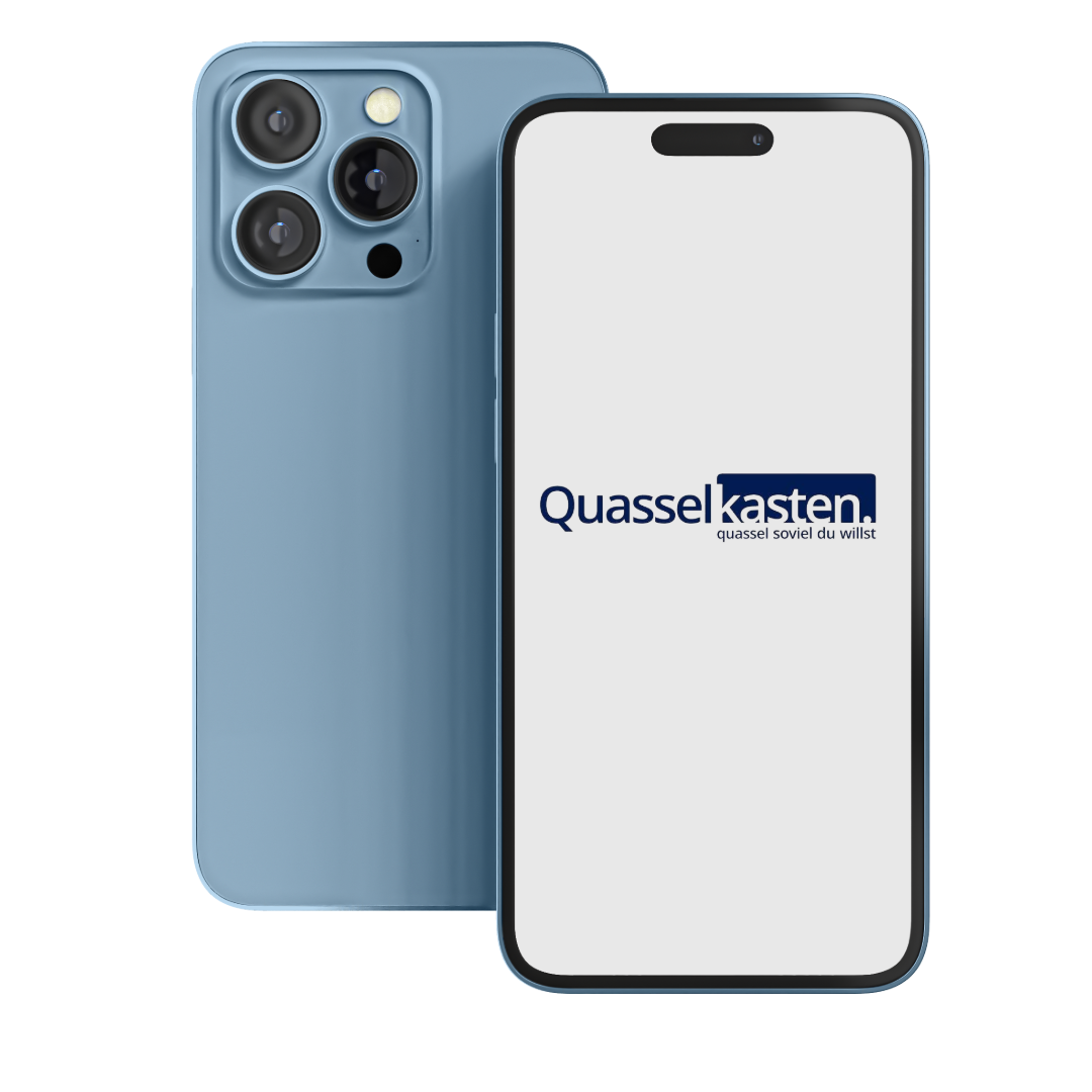 hellblaues iPhone Vorder- und Rückseite mit einem Quasselkasten Logo auf dem Display