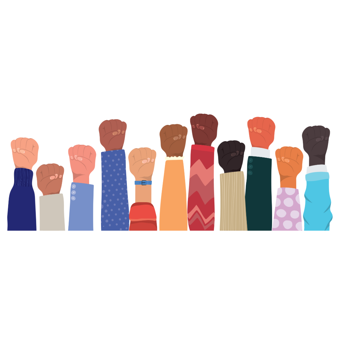 Menschen verschiedener Ethnien halten Ihre Fäuste in die Höhe